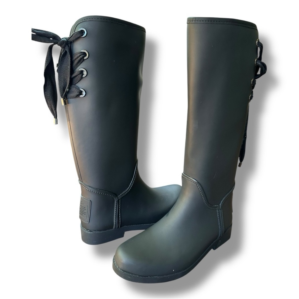 Coach Tristee Matte Black Lace-Up Knee-High Rain Boots | Women’s Size 9 - Picture 5 of 14